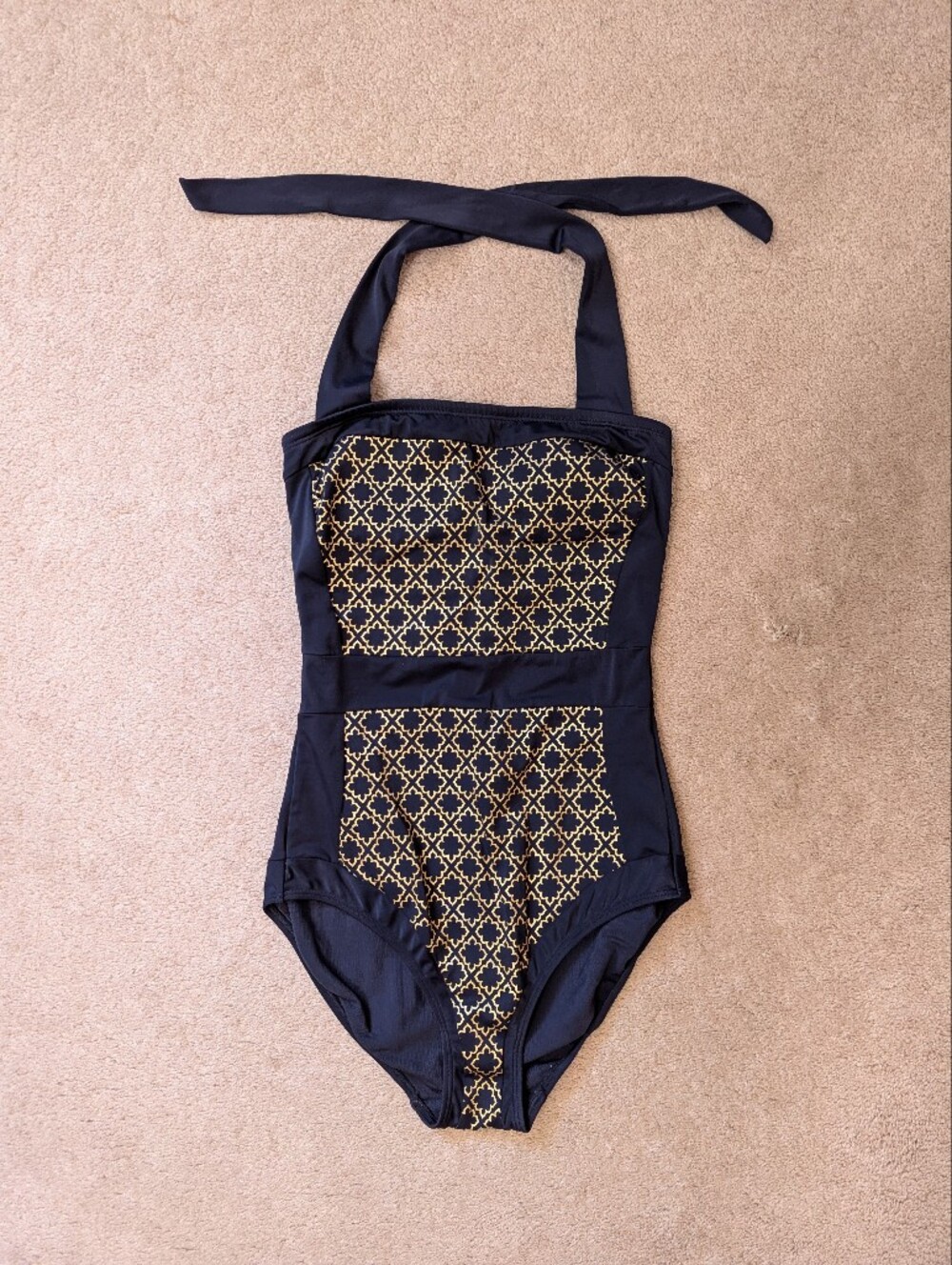 Boden Santorini Halterneck Tummy Control One Piece Swimsuit Navy Blue Gold US 6L